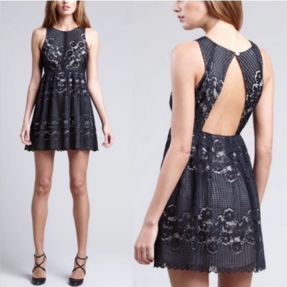 Free People Rocco Black Lace Cutout Dress Fit & Flare Open Back Pleated‎ Lace